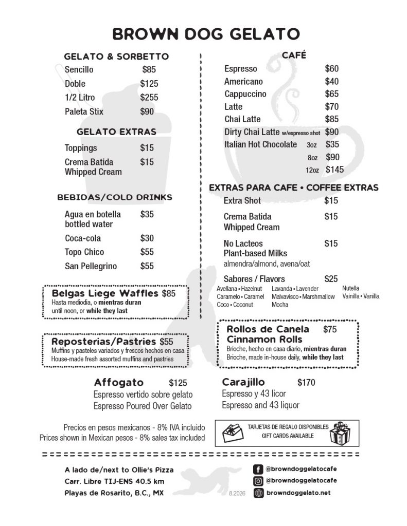 Brown Dog Gelato Menu, menu